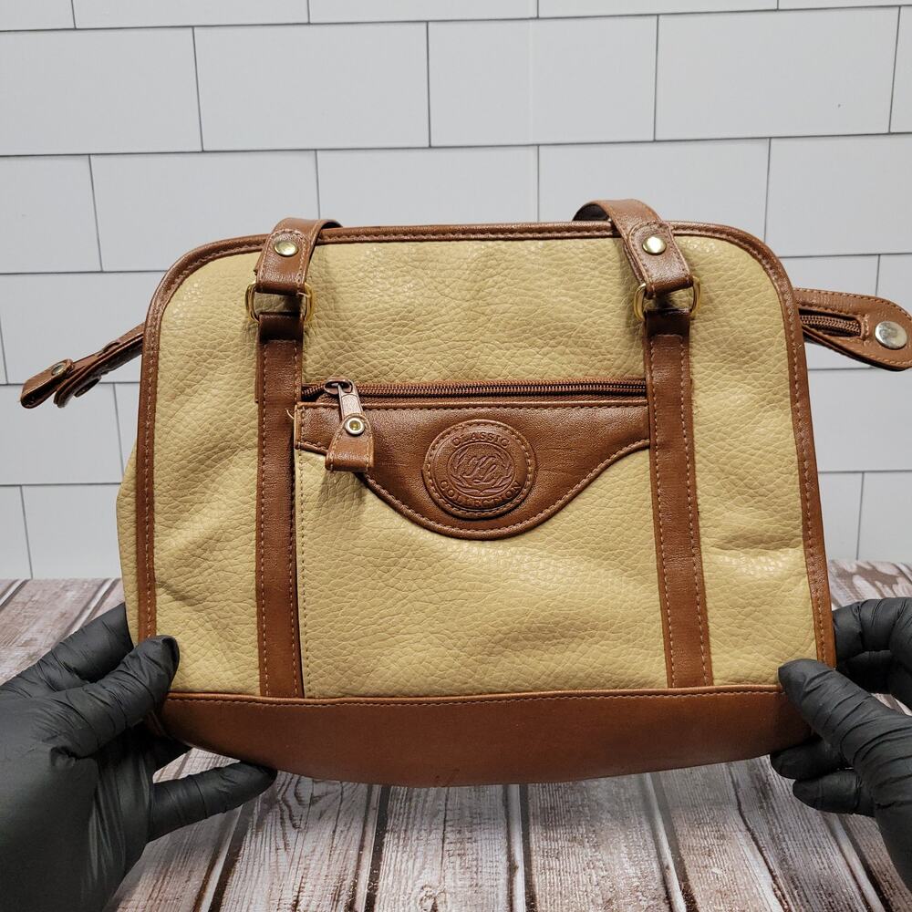 Vintage Kathie Lia Beige Brown Faux Leather Satchel Shoulder Handbag Purse
